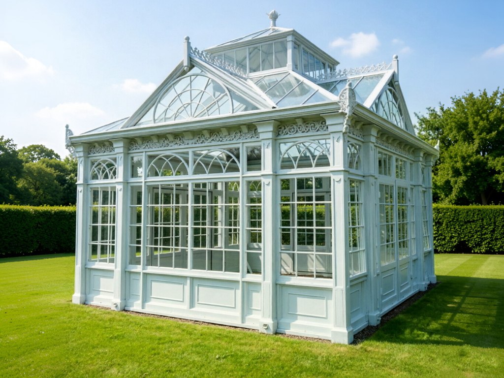 White ornate Victorian wrought steel conservatory, classic garden glass sunroom with decorative metal detailing