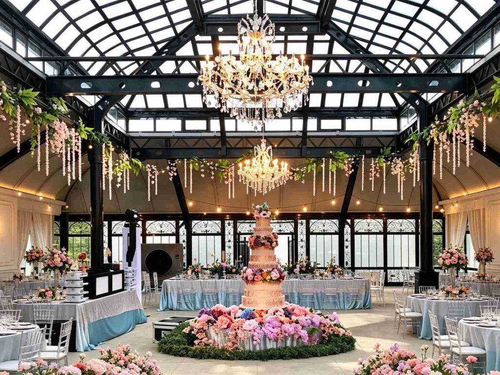 Complete wedding banquet space inside black frame glass venue with cake table, dining tables and floral ceiling decor