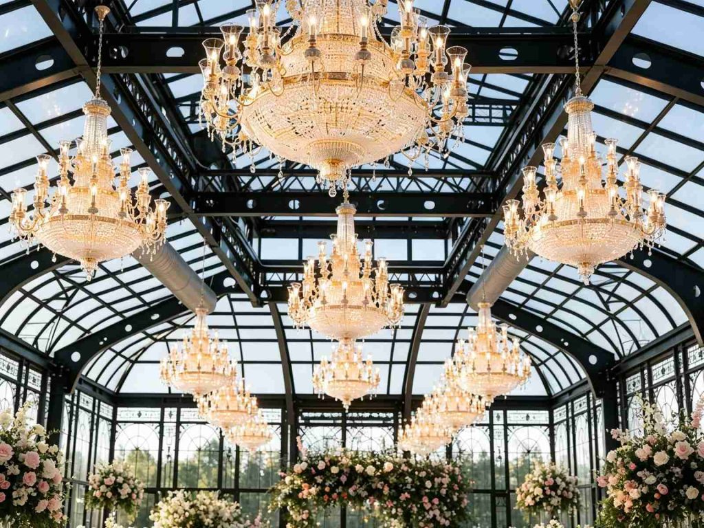Black curved steel glass roof interior with rows of large golden crystal chandeliers for high-end wedding banquet hall