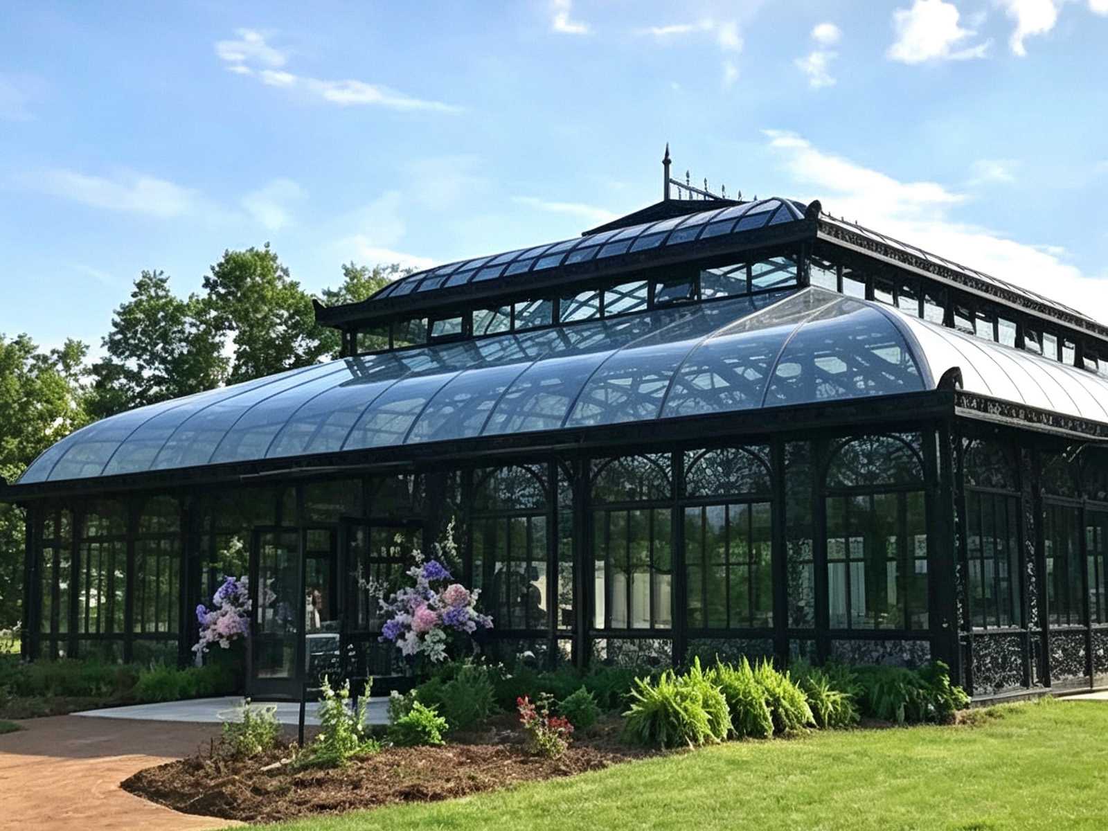 European vintage black curved steel glass wedding greenhouse exterior with green lawn and garden landscape