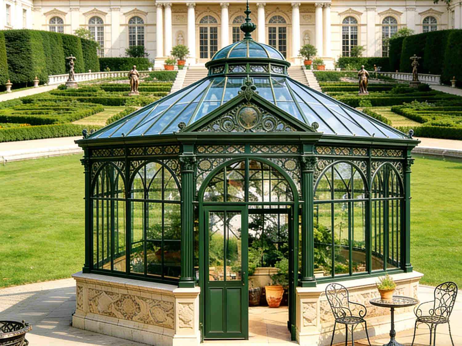 Long gable‑roof steel glass greenhouse conservatory with decorative lattice details built on stone plinth among woodland greenery