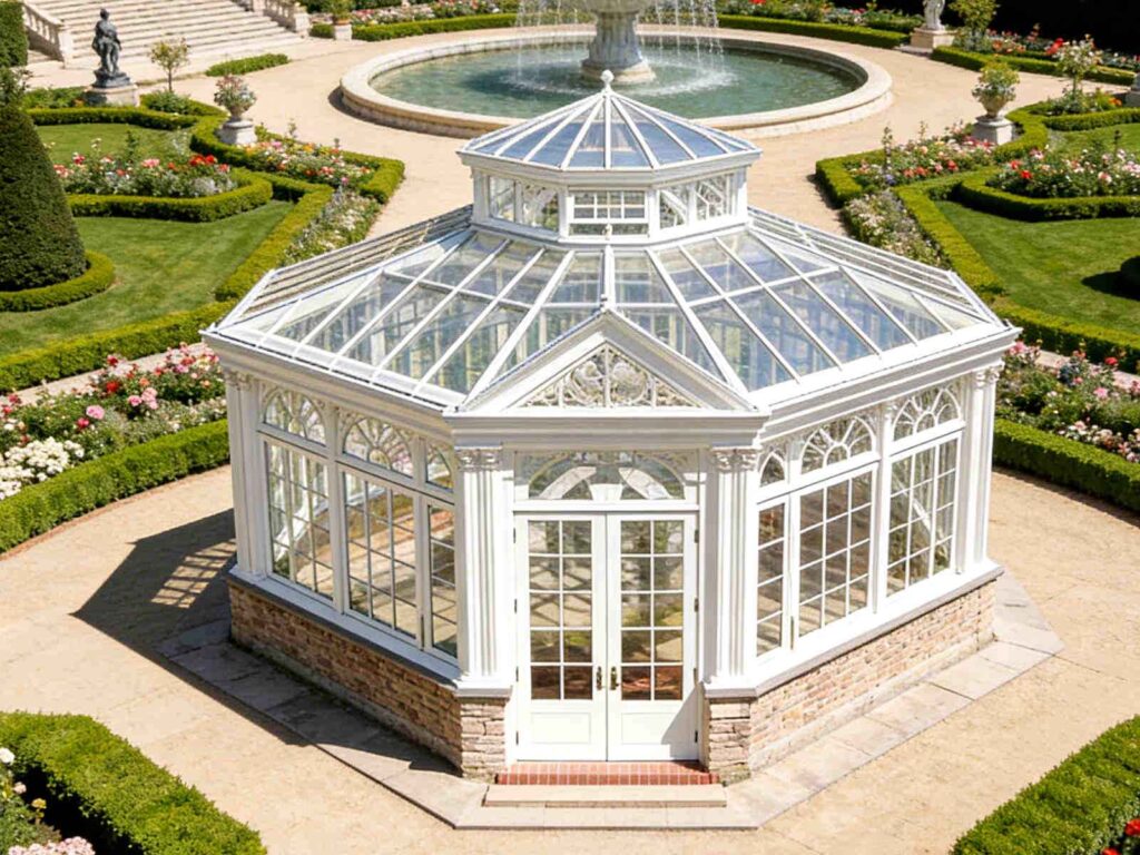 Top‑down view octagonal steel frame glass conservatory with cupola roof in formal European manor garden