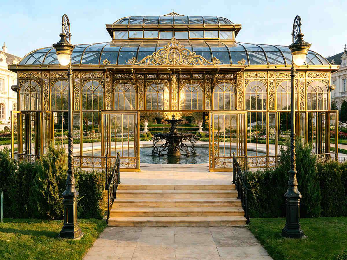 Vintage gilded iron glass sunroom exterior, classical garden pavilion
