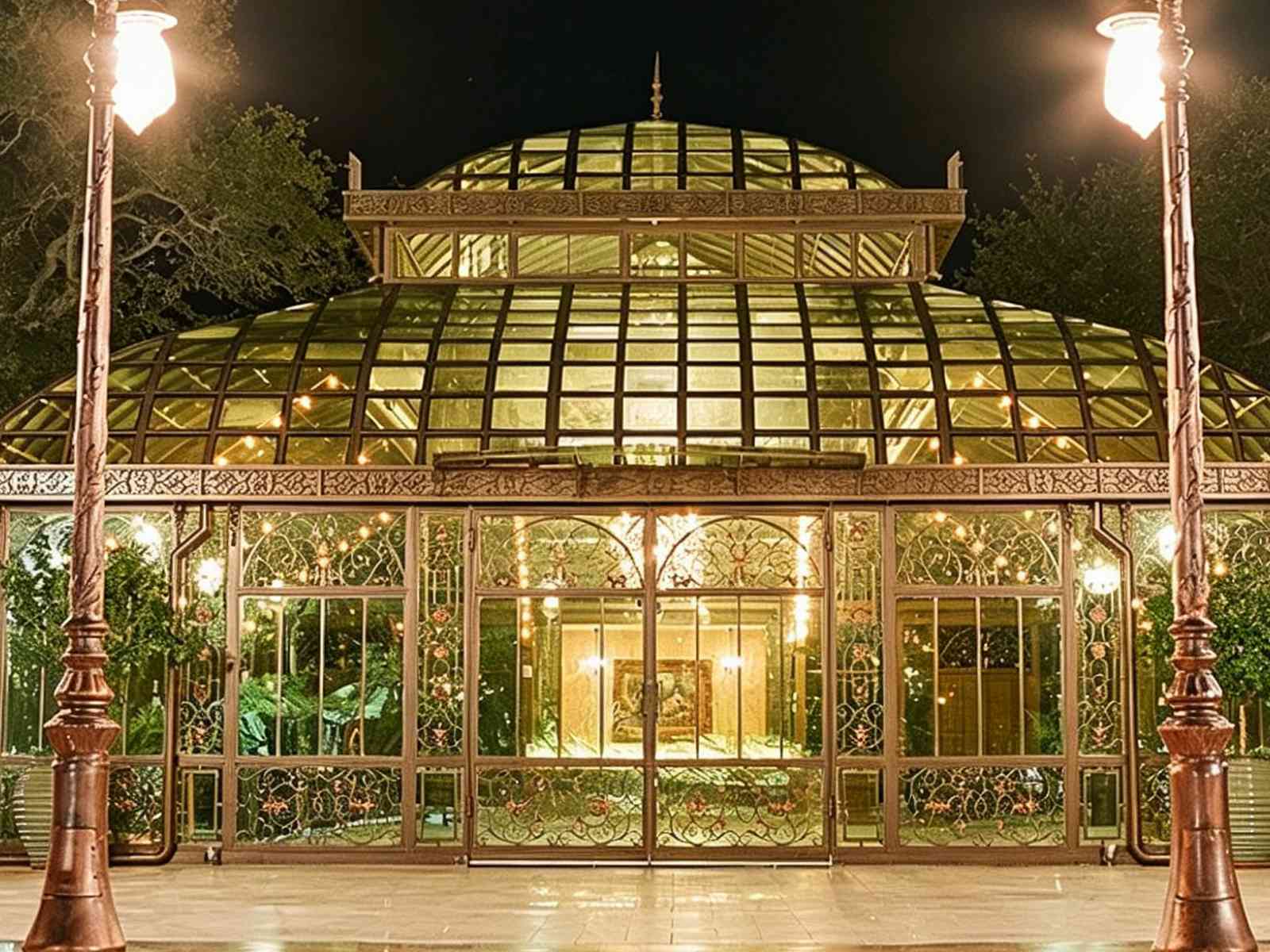 Ornate domed glass conservatory lit warmly at night, flanked by vintage antique street lamps