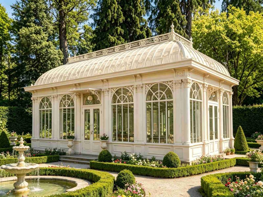 Elegant white steel Victorian conservatory sunroom, arched glass windows, European palace garden design