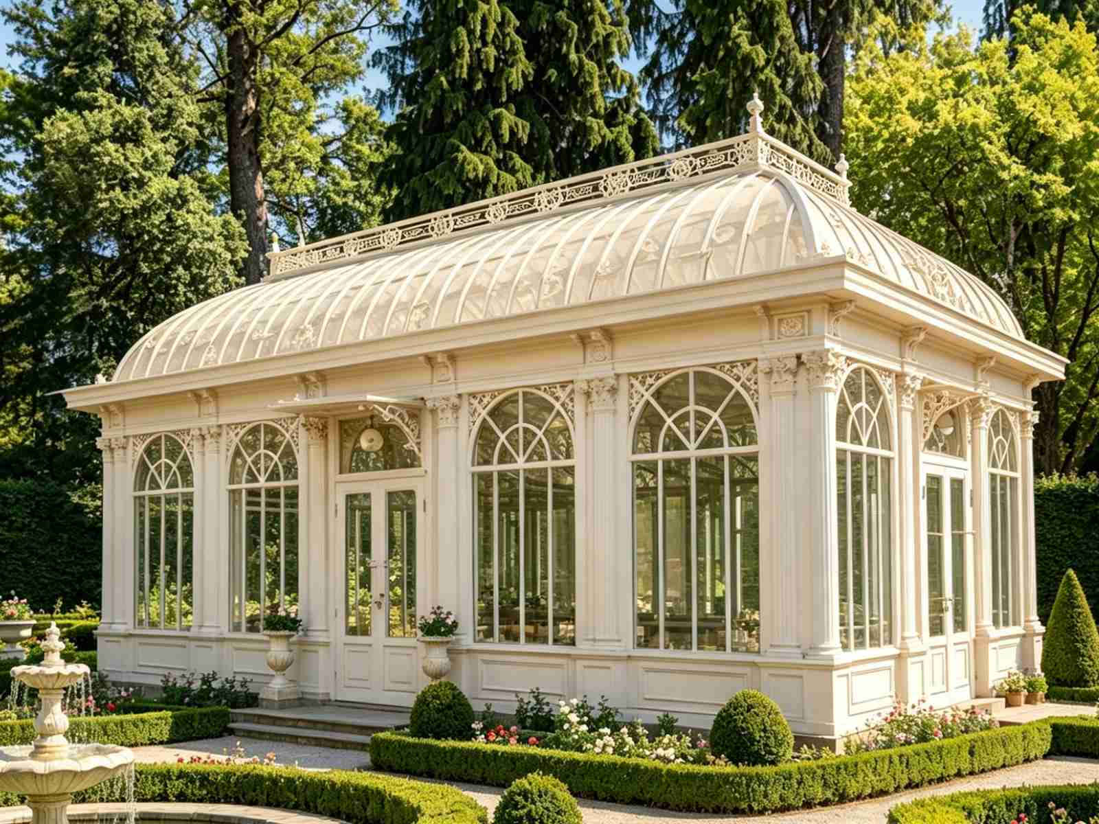 White galvanized steel Victorian orangery sunroom with curved dome roof, built for villa landscape garden