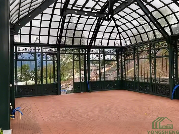Spacious interior view YSGH‑052 victorian curved orangerie arched glass steel frame conservatory