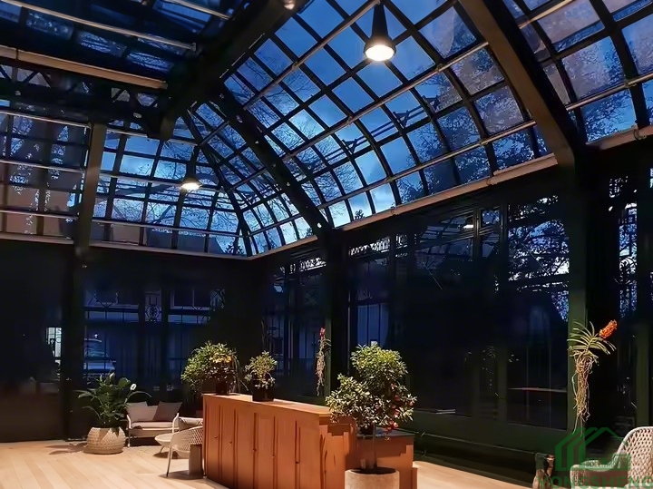 Night scene interior lighting YSGH‑052 victorian curved orangerie glass conservatory leisure lounge space