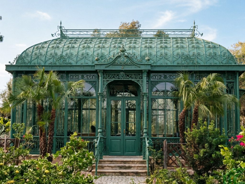 Victorian green dome conservatory hot dip galvanized steel frame double tempered glass garden sunroom, ornate scrollwork, villa greenhouse