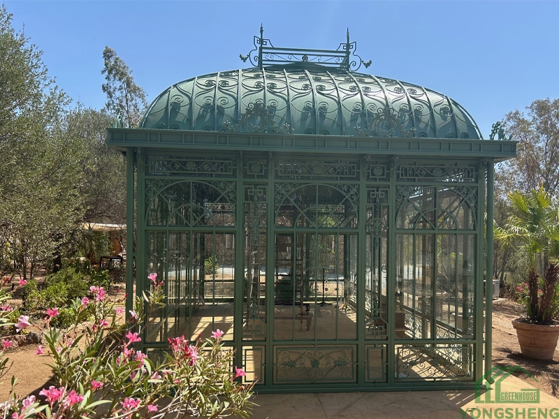 Round dome Victorian conservatory hot dip galvanized steel double tempered glass sunroom, green metal frame garden greenhouse