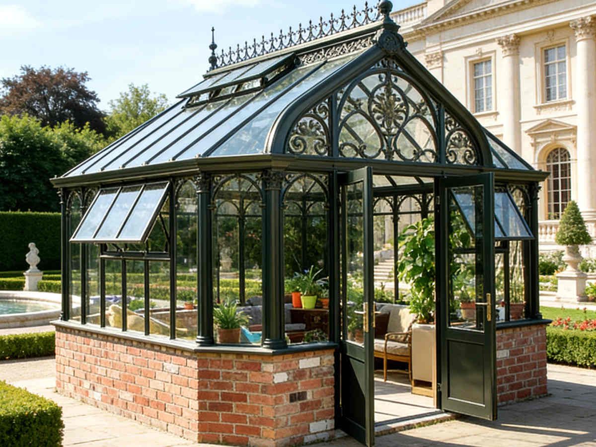 Victorian style steel‑frame glass conservatory greenhouse with brick plinth and ornate metal scrollwork in manor garden