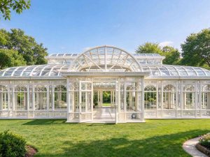 Finished Victorian conservatory with warm ivory frame, sits on green lawn under clear blue sky