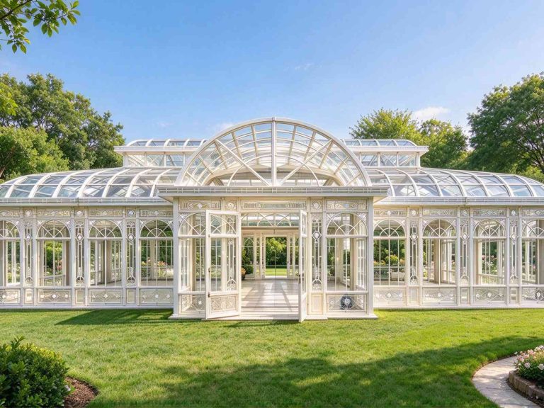 Finished Victorian conservatory with warm ivory frame, sits on green lawn under clear blue sky