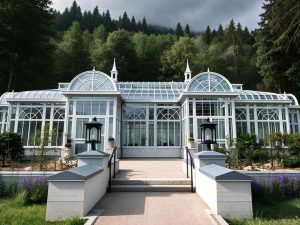 YSGH-067 Victorian Conservatory front view, hot-dip galvanized steel glass wedding venue in mountain garden