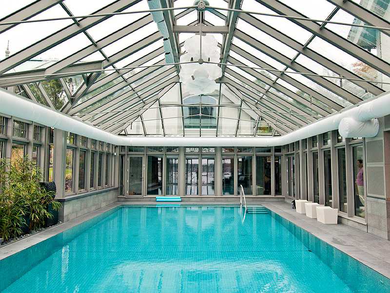 Steel And Glass Garden Greenhouse With Swimming Pool