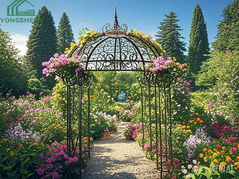 Black decorative metal gazebo arch trellis surrounded by colourful blooming garden flowers