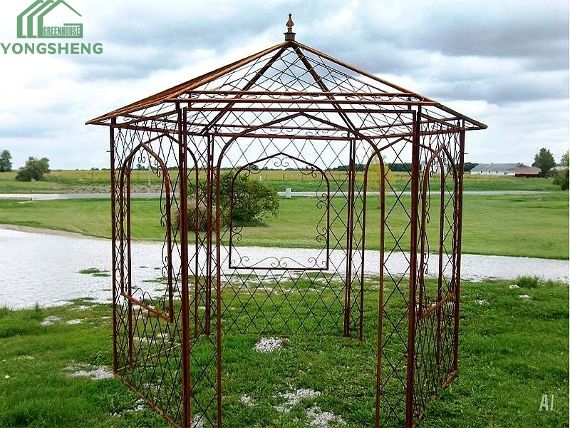 Rust finished hollow metal gazebo frame skeleton without canopy for garden project