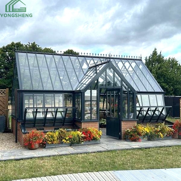 Dark steel Victorian greenhouse with side opening ventilation windows