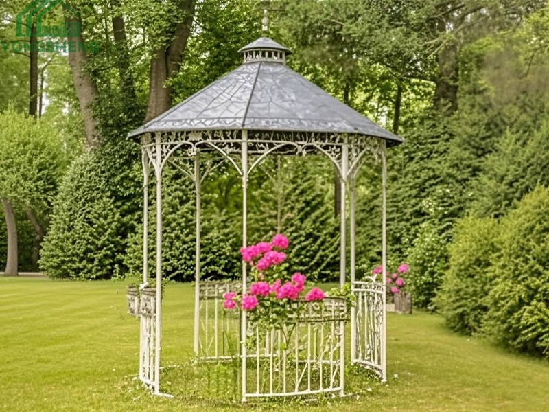 White vintage ornate wrought‑iron style metal gazebo for large garden landscape