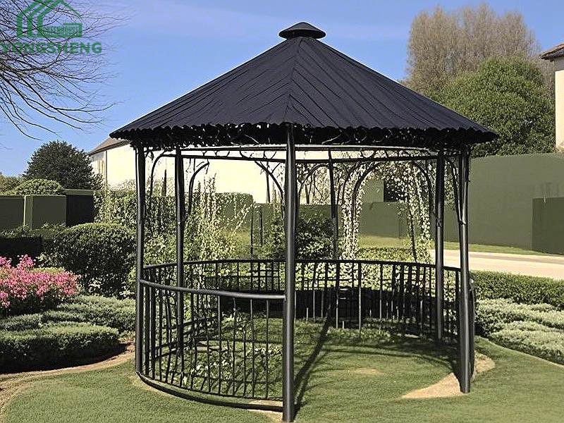 Black octagonal metal gazebo with fabric canopy for residential garden backyard decor