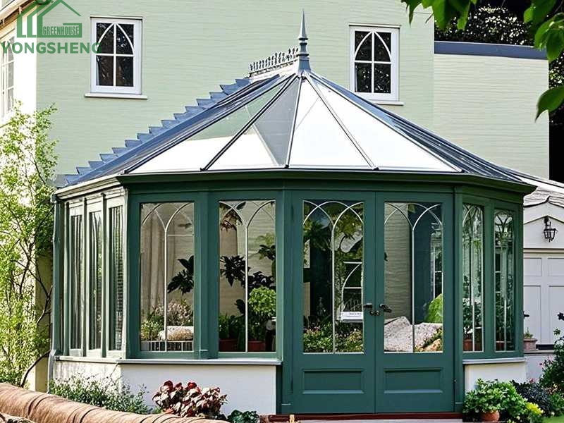 Classic Victorian Greenhouse With Decorative Finials & Peaked Roof