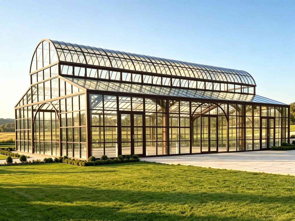 Large arched roof glass conservatory daytime exterior view | luxury aluminum garden greenhouse design