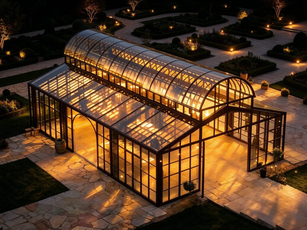 Illuminated glass greenhouse at night | luxury garden landscape lighting design