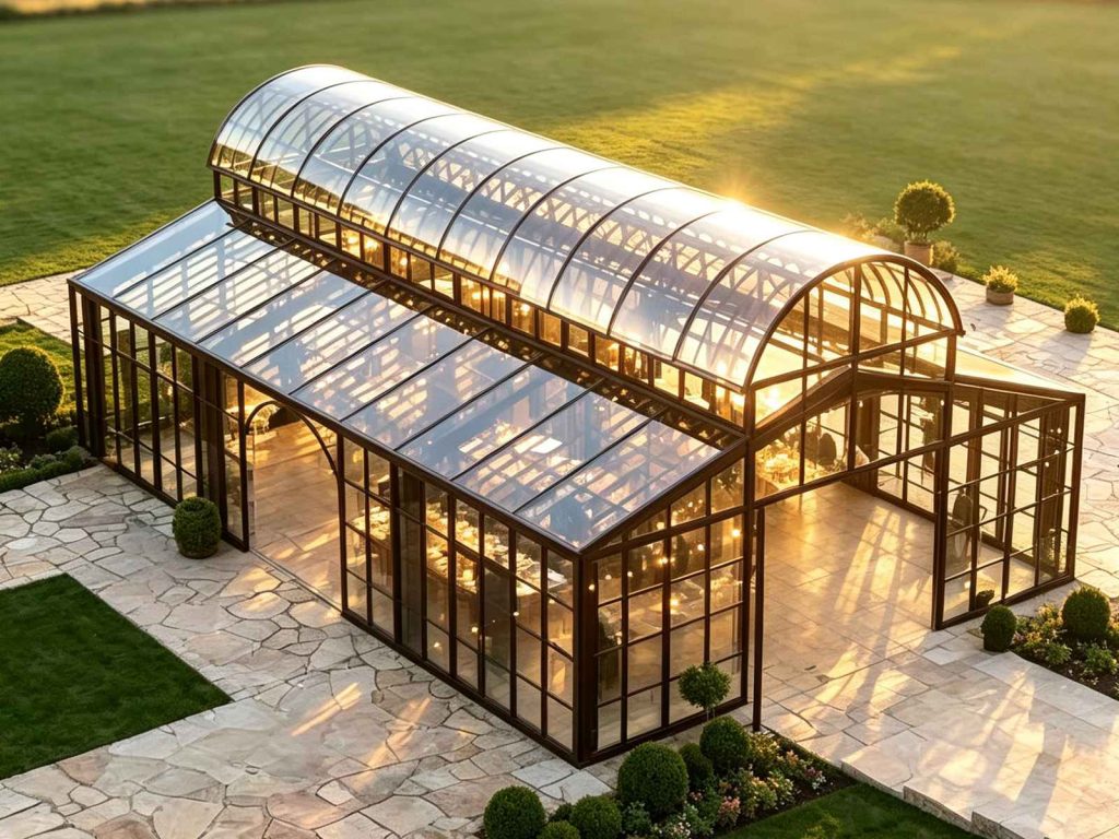 Golden hour sunset view through modern glass conservatory roof | luxury outdoor living space rendering