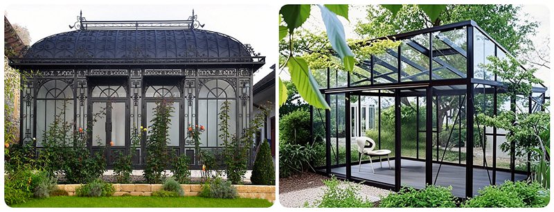 Victorian Greenhouse(left) vs modern glass greenhouse