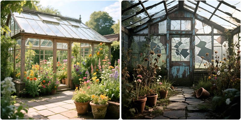  a well-maintained vs. neglected Victorian greenhouse