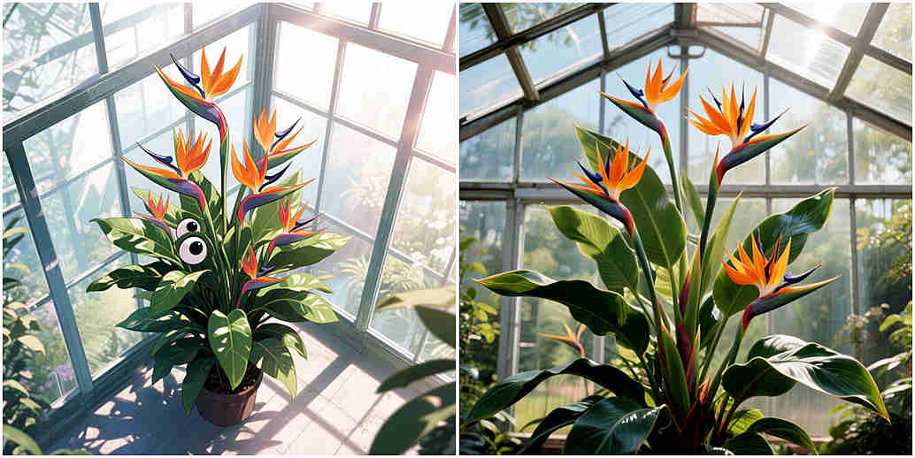 A mature Bird of Paradise plant in full bloom inside a glass greenhouse