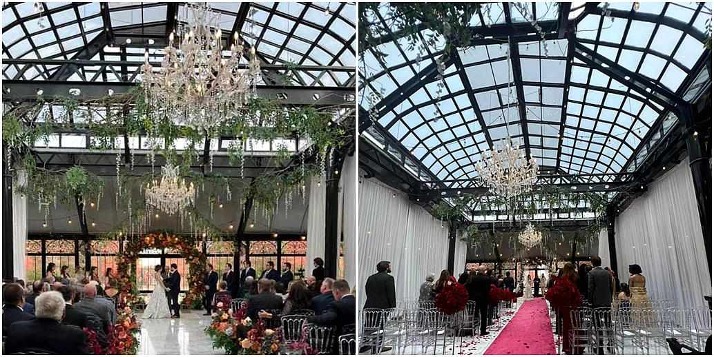 A couple exchanging vows inside a lush Victorian greenhouse, with fairy lights draped overhead