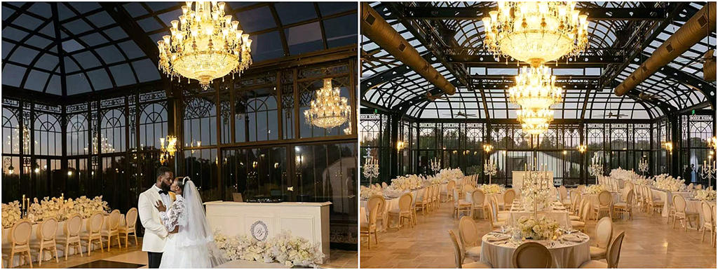 A couple sharing their first dance inside a decorated greenhouse, with hanging florals and soft lighting enhancing the moment.