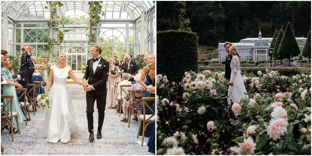 A couple exchanging vows in a Yongsheng greenhouse, draped in greenery