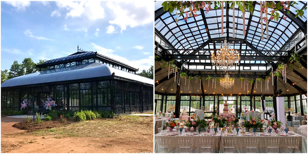 Side-by-side photos of the exterior and a decorated interior