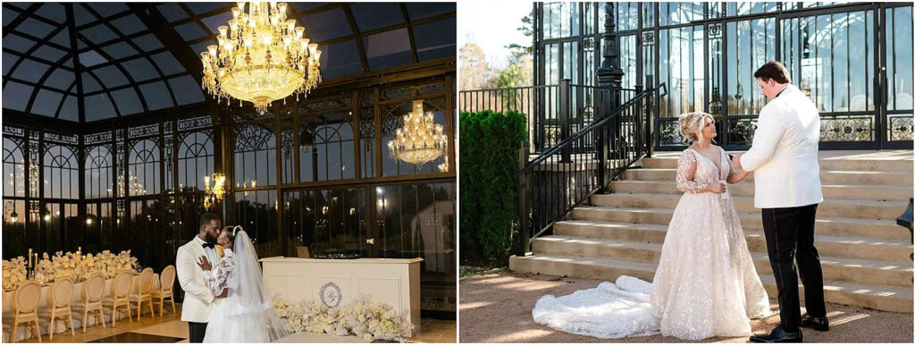 A couple exchanging vows inside a beautifully decorated Victorian greenhouse, sunlight streaming through the glass