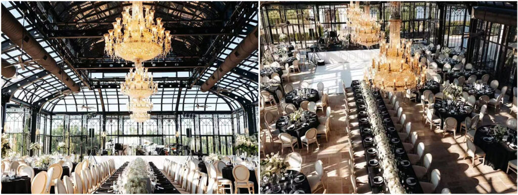 Guests enjoying a greenhouse wedding reception, surrounded by potted plants and twinkling fairy lights.