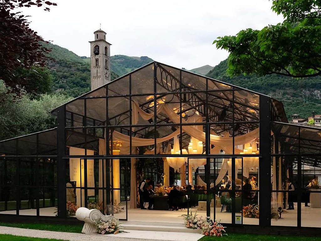 Black steel frame glass pavilion YSGH-167 for outdoor events with mountain view.
