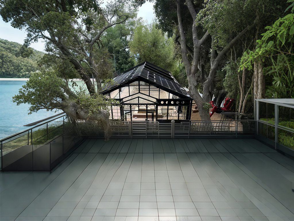 Rendering of victorian black glass conservatory beside waterfront garden