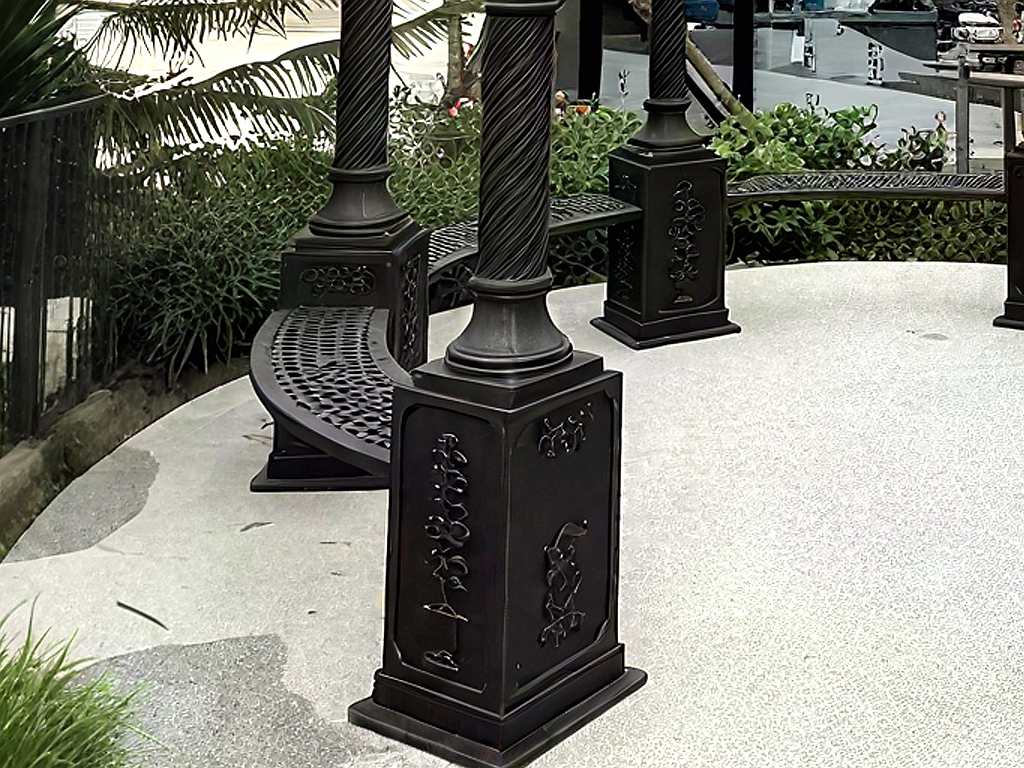 Cast iron gazebo square carved base plinth and built‑in curved garden bench