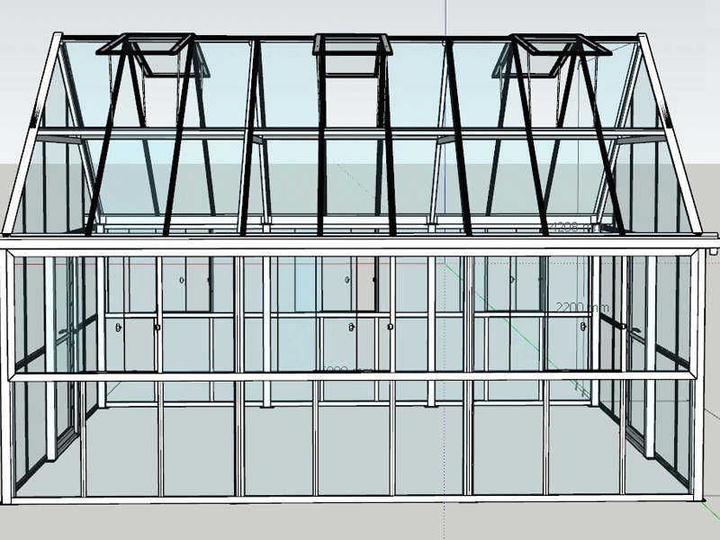 3D CAD sketch of Victorian aluminum greenhouse with roof ventilation windows and glass panels