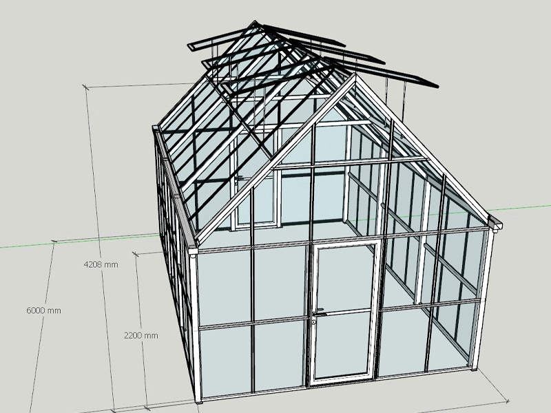 Isometric CAD drawing of aluminum Victorian greenhouse with front glass door and gable roof