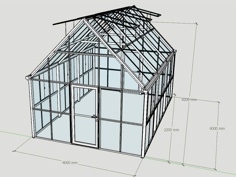 Measured CAD sketch of custom aluminum gable greenhouse with size dimension markings