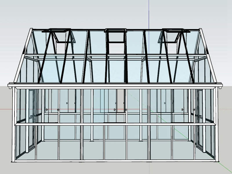 Front view CAD sketch of aluminum greenhouse with multiple roof ventilation windows