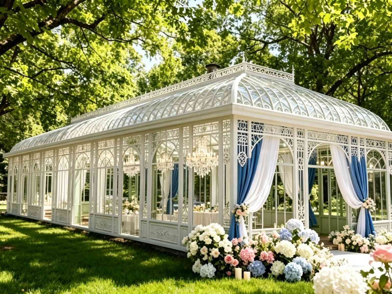 White Victorian conservatory with hot-dip galvanized steel frame, tempered glass, outdoor wedding venue decorated with flowers and drapes