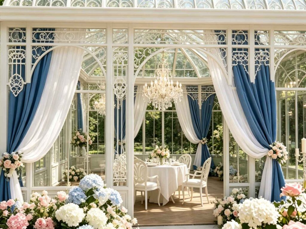 Inside of Victorian conservatory, hot-dip galvanized steel frame, chandelier, blue and white drapes, wedding dining arrangement