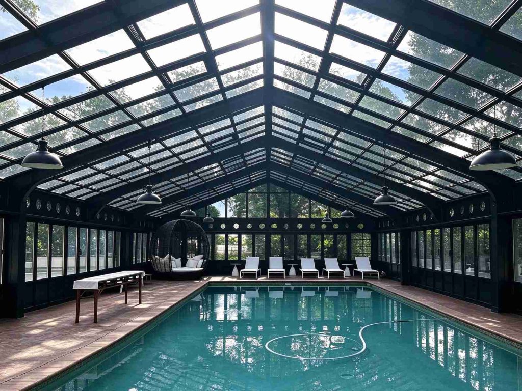 Black steel gable glass pool sunroom interior, custom enclosed swimming pool space