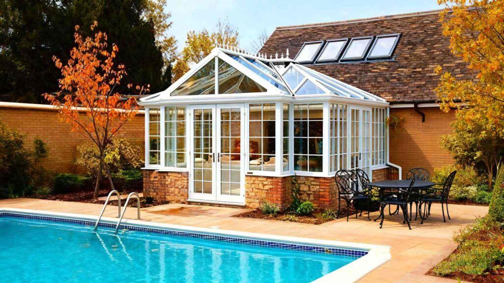 Victorian glass greenhouse with Swimming pool