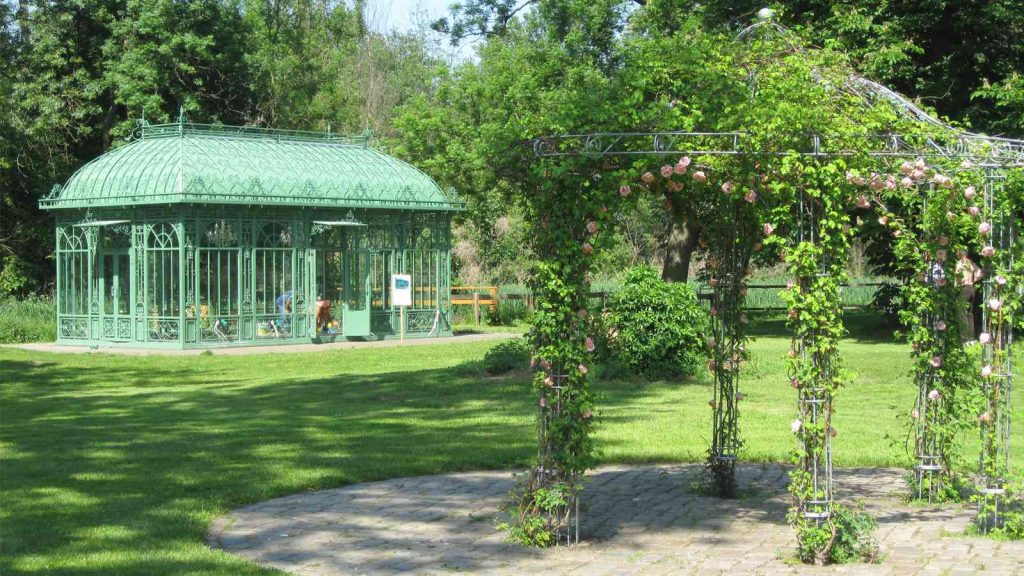 Victorian greenhouse paired with rose pergola in Swedish private garden, hot dip galvanized steel garden metal structures