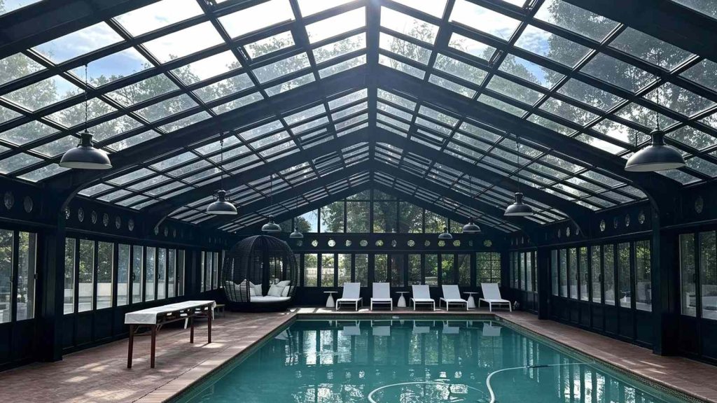 Daytime Interior View of Los‑Angeles Pool‑Side Steel Conservatory